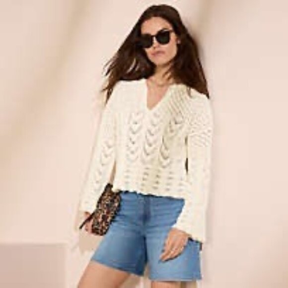 Lands’ End Ivory Pointelle Notch Neck Long Sleeve Sweater Medium - Picture 1 of 11